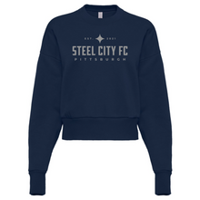 Load image into Gallery viewer, SCFC - Womens Navy Cropped Crewneck Sweatshirt with Grey Text Logo