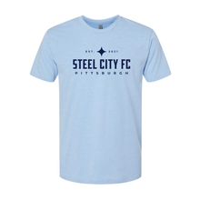 Load image into Gallery viewer, New Steel City FC Soft Style CVC Shirt - Light Heather Blue with Navy SCFC Text Logo