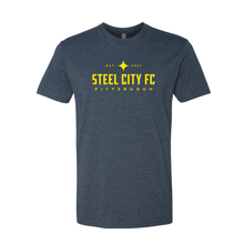 Load image into Gallery viewer, New Steel City FC Soft Style CVC Shirt - Heather Navy with Yellow SCFC Text Logo