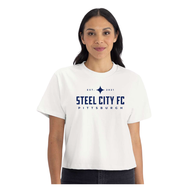 New Steel City FC Boxy Tee - White with Navy SCFC Text Logo