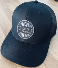 Load image into Gallery viewer, New! SCFC Black Trucker Hat - Circle Embroidered Patch Logo