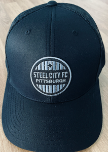 New! SCFC Black Trucker Hat - Circle Embroidered Patch Logo